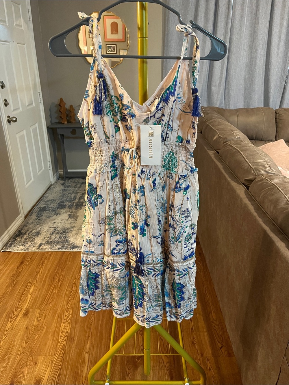 Floral Mini Dress in Cream with Blue & Green Print